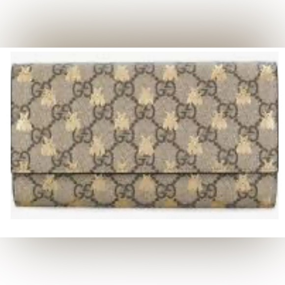 Gucci Supreme GG Bees Brown Coated Canvas Long Fold Snap Wallet Excelelnt!! - Picture 1 of 10